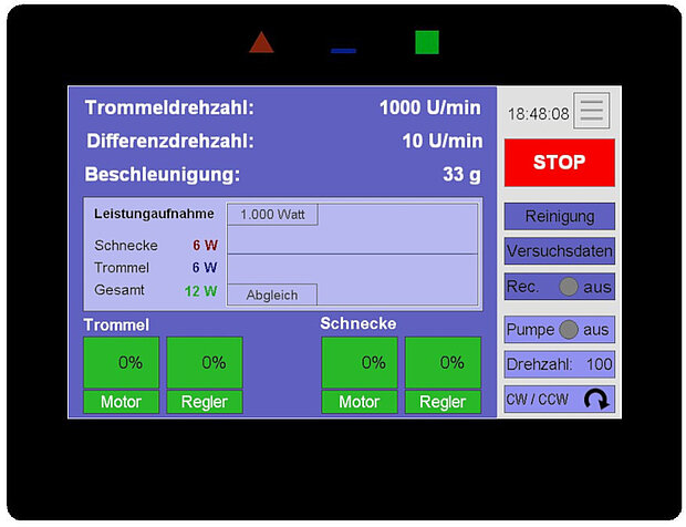 Bedienterminal zur Steuerung von Beschleunigung, Differenzdrehzahl und allen weiteren Prozessparametern, sowie zur Überwachung des Labordekanters.