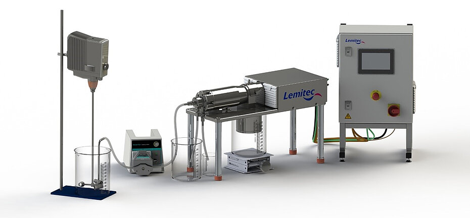 Kontinuierliche Labor-Zentrifuge mit gesamter Ausstattung, MD60 Beispielaufbau mit Zubehör: Pumpe, Rührwerk, Meßbecher